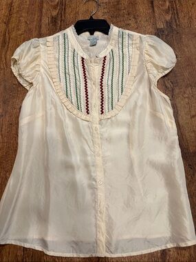 Odille Cream Blouse with Green and Red Trim